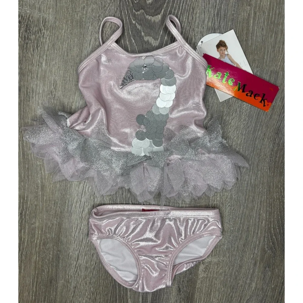 Kate Mack Baby Girl's Pink Silver Shimmer Ruffle 2 Piece Swimsuit SPF Sz 9 Month